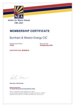 Burnham & Weton Energy's Supporting Member National Energy Action certificate