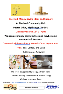 Poster for Energy & Money Savings event in Highbridge on 15th March 2024